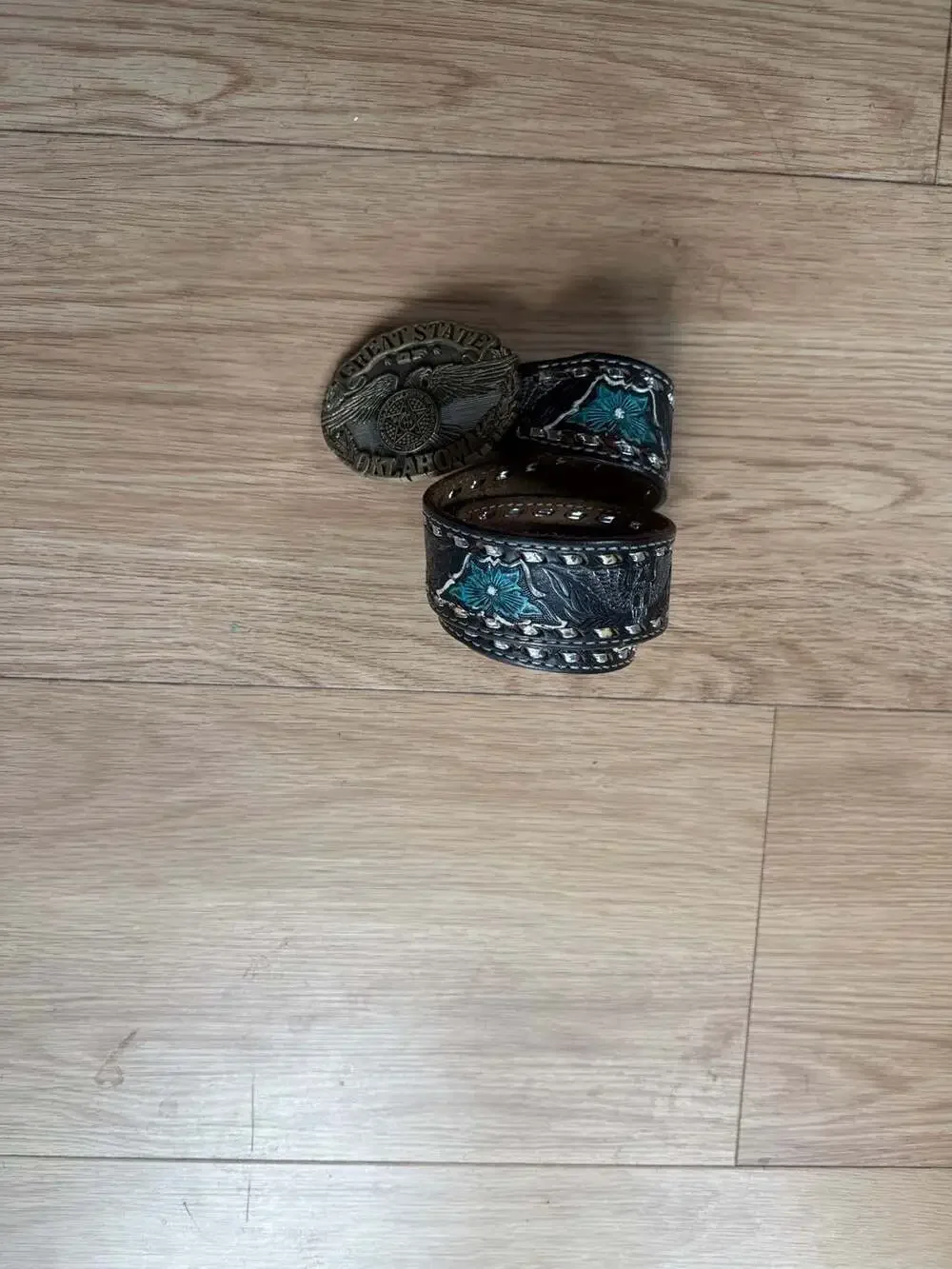 Vintage Western Tooled Leather Belt with Turquoise Floral Inlay and Oklahoma Sta